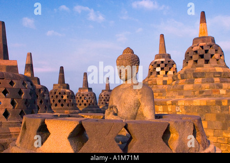 Stupas and Buddhas of Borobudur,  Java, Indonesia Stock Photo