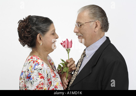 Loving Indian senior citizen couple husband offering rose flower to wife happy birthday Stock Photo