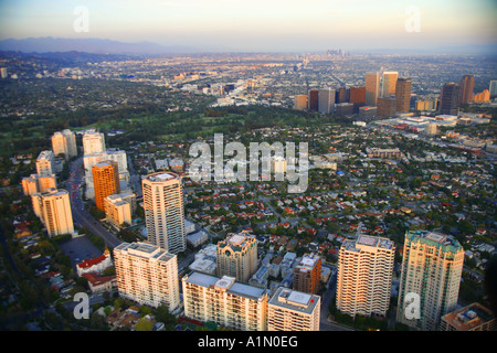 Aerial view of Beverly Hills with Wilshire Blvd in the foreground and ...