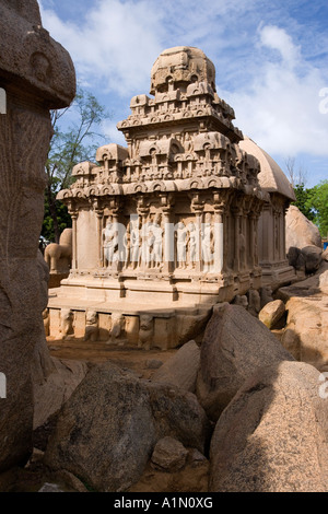 The Panch Rathas monolithic rock cut temple complex in Mamallapuram in the Tamil Nadu region of Southern India Stock Photo