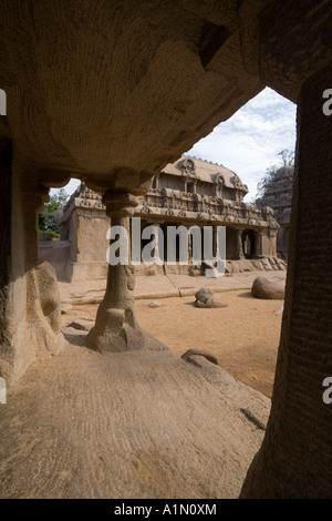 The Panch Rathas monolithic rock cut temple complex in Mamallapuram in the Tamil Nadu region of Southern India Stock Photo