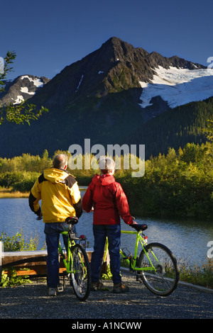 Biking in the Portage Valley Moose Flats area Chugach National Forest Alaska MR Stock Photo