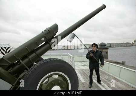 large gun of the Peter and Paul Fortress which by tradition notify city on approach twelve o clock in the daytime Stock Photo