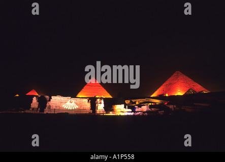 The pyramids of giza at a light show near the city of Cairo at the ...