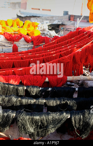 Wool drying on a roof in the tanneries district of the Marrakech medina, Morocco Stock Photo