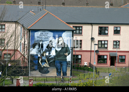 Bernadette from the Wall. A huge bogside mural of a protester with a megaphone dominates the side of a council flat. Stock Photo