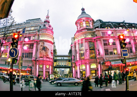 Paris France, Wide Angle View, Printemps Department Store Lights at Night, Christmas time, Travel Business Shopping, Street Scene, commercial area Stock Photo