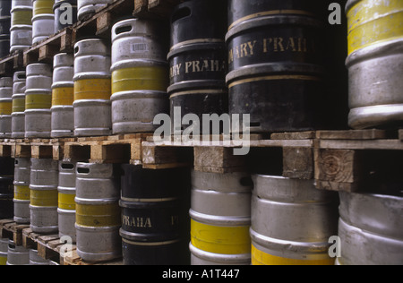 Close up of beer barrels stacked in Staropramen brewery yard Prague Stock Photo
