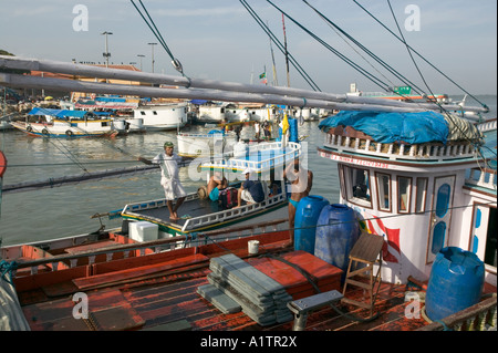 Fishing boats men in the old harbour next to Ver O Peso Market Belem Para state Brazil Stock Photo
