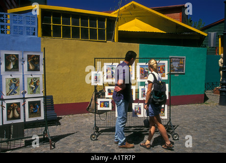 art vendor, artwork, Caminito Street, Calle Caminito, La Boca, La Boca District, Buenos Aires, Buenos Aires Province, Argentina, South America Stock Photo