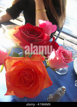 Beautiful Table Setting With Red Roses On Beige Background. Valentine's 