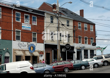 Shops along Bow Street downtown Portsmouth New Hampshire USA Stock Photo