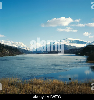Winter in Snowdonia looking across Llyn Padarn towards the Snowden range Wales UK Stock Photo