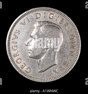 King George VI Reg fid def pre decimal 12 twelve shilling old pence P face 1949 silver bright head left Stock Photo