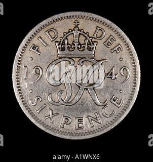 King George VI Reg Regina predecimal 6 six old pence P face 1949 left face  silver bright Stock Photo