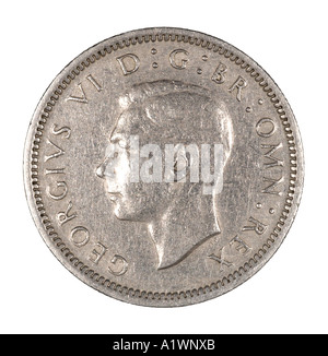 King George VI Reg Regina predecimal 6 six old pence P face 1949 left face  silver bright Stock Photo