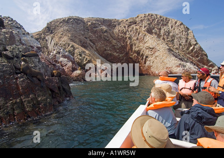 A view from a guided boat trip to the Ballestas Islands as tourists observe the wildlife. Stock Photo