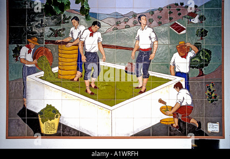 Tiled mural showing grape pressing the old fashioned way in the Competa district Competa Andalusia Spain EU Stock Photo