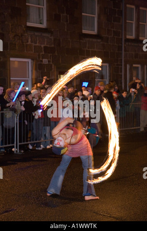 Stonehaven Fireball fire Ceremony, Stonehaven High Street.  Hogmanay, New Year festival, fiery party & festival on the Scottish coast, Scotland, UK Stock Photo