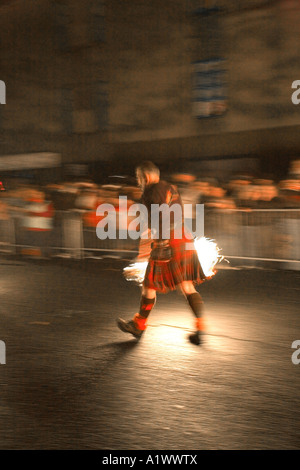 Stonehaven Fireball fire Ceremony, Stonehaven High Street.  Hogmanay, New Year festival, fiery party & festival on the Scottish coast, Scotland, UK Stock Photo