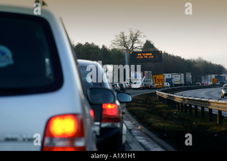 Cars queueing on M5 motorway due to motorway being closed due to accident Stock Photo