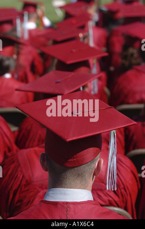 Graduates from rear vertical wearing caps and gowns during commencement ceremony ceremonies Stock Photo