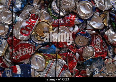 Crushed and compacted empty tin beverage cans Stock Photo