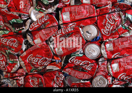 Crushed and compacted empty Coca Cola tin beverage cans Stock Photo