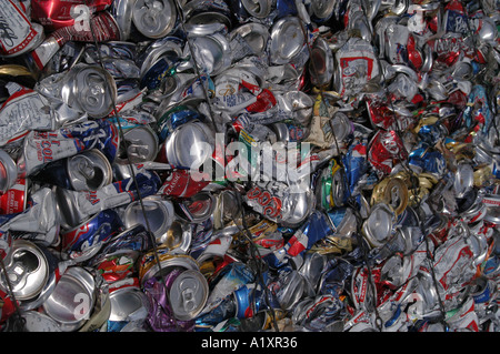 Crushed and compacted empty tin beverage cans Stock Photo
