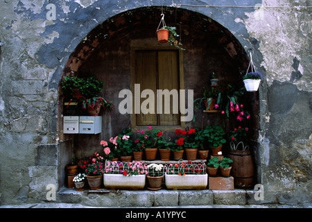A display of geraniums on a house in the old town of Tarascon-sur-Ariege, French Pyrenees. Stock Photo