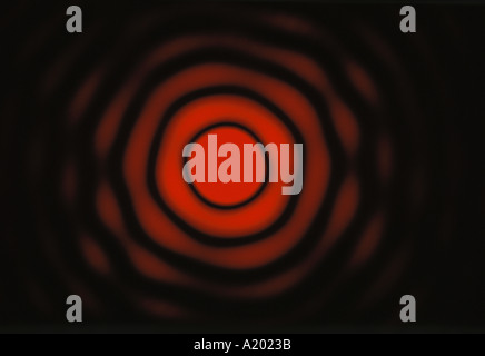 A photo of red laser light diffracted through a small aperture (with a 50 micrometer opening) shows concentric rings of light and dark areas. Stock Photo