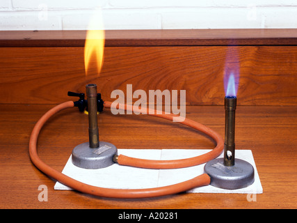 two bunsens one with air hole open gives a blue flame one with air