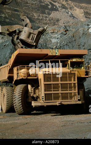 Heavy dump truck being loaded in mine Stock Photo