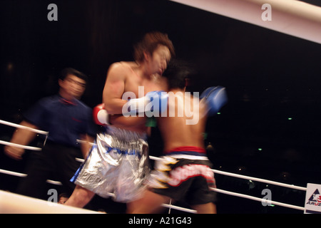 K-1 kick boxing fighters in the heat of a round, K1 tournament, Tokyo, Japan. Asia. Stock Photo