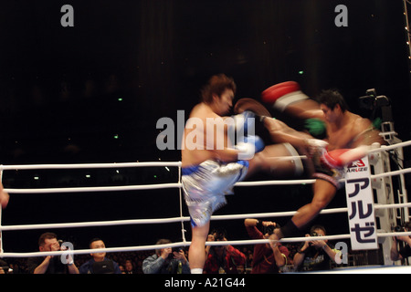 K-1 kick boxing fighters in the heat of a round, K1 tournament, Tokyo, Japan. Asia. Stock Photo