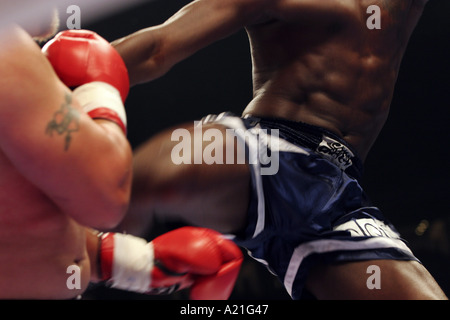 K-1 kick boxing fighters in the heat of a round, K1 tournament, Tokyo, Japan. Asia. Stock Photo