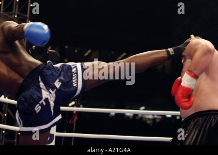 K-1 fighters in the heat of a round, K1 tournament, Tokyo, Japan. Asia. Stock Photo