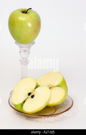 Two golden delicious apples. Stock Photo