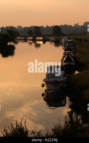 Dawn light view of River Thames downstream from Halfpenny Bridge Lechlade Oxfordshire with canal boats and farm animals