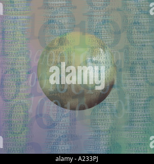 Global communication Binary code and globe floating in space.  World-wide Communications. Concept Stock Photo
