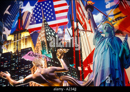 USA Empire State Building, Chrysler Building, Statue of Liberty, Prometheus and American Flag. Colorful montage of Icons of New York City Stock Photo