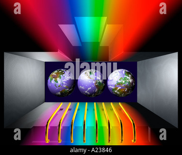 Three views of the earth showing different continents as seen through a multicolored model of an ethernet port Stock Photo
