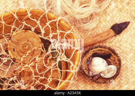 Chumash Indian tools for making yucca twine and bakets La Purisima Mission State Historic Park Lompoc California Stock Photo