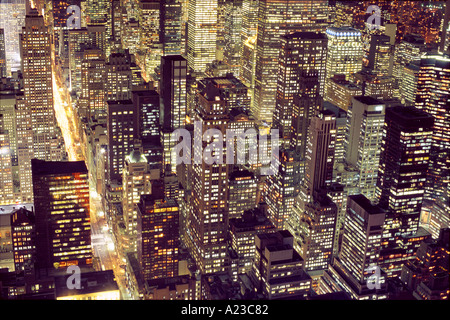 USA New York New York City aerial view of Manhattan at night Stock Photo