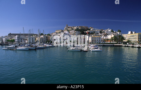 The Old Town of Ibiza with the harbour in front and Dalt Vila at the top Stock Photo