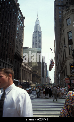 Art Deco Chrysler Building and American flags from 5th Avenue New York USA Stock Photo