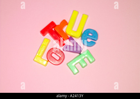 True Love written with fridge magnet letters. Stock Photo