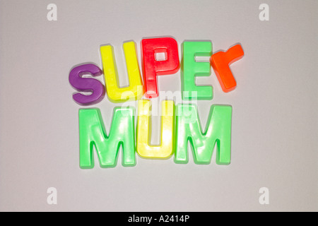 Super mum written with fridge magnet letters. Stock Photo