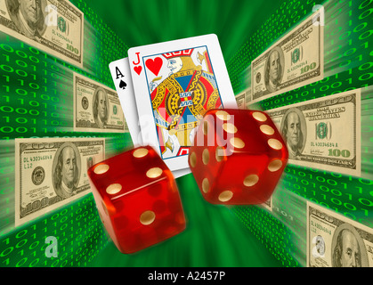 Cards and dice flying by $100 bills and binary code. Internet gambling Stock Photo