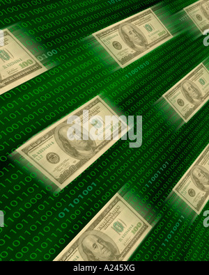 100 bills flying across a surface of binary code possibly representing high speed cash flow or e commerce Stock Photo